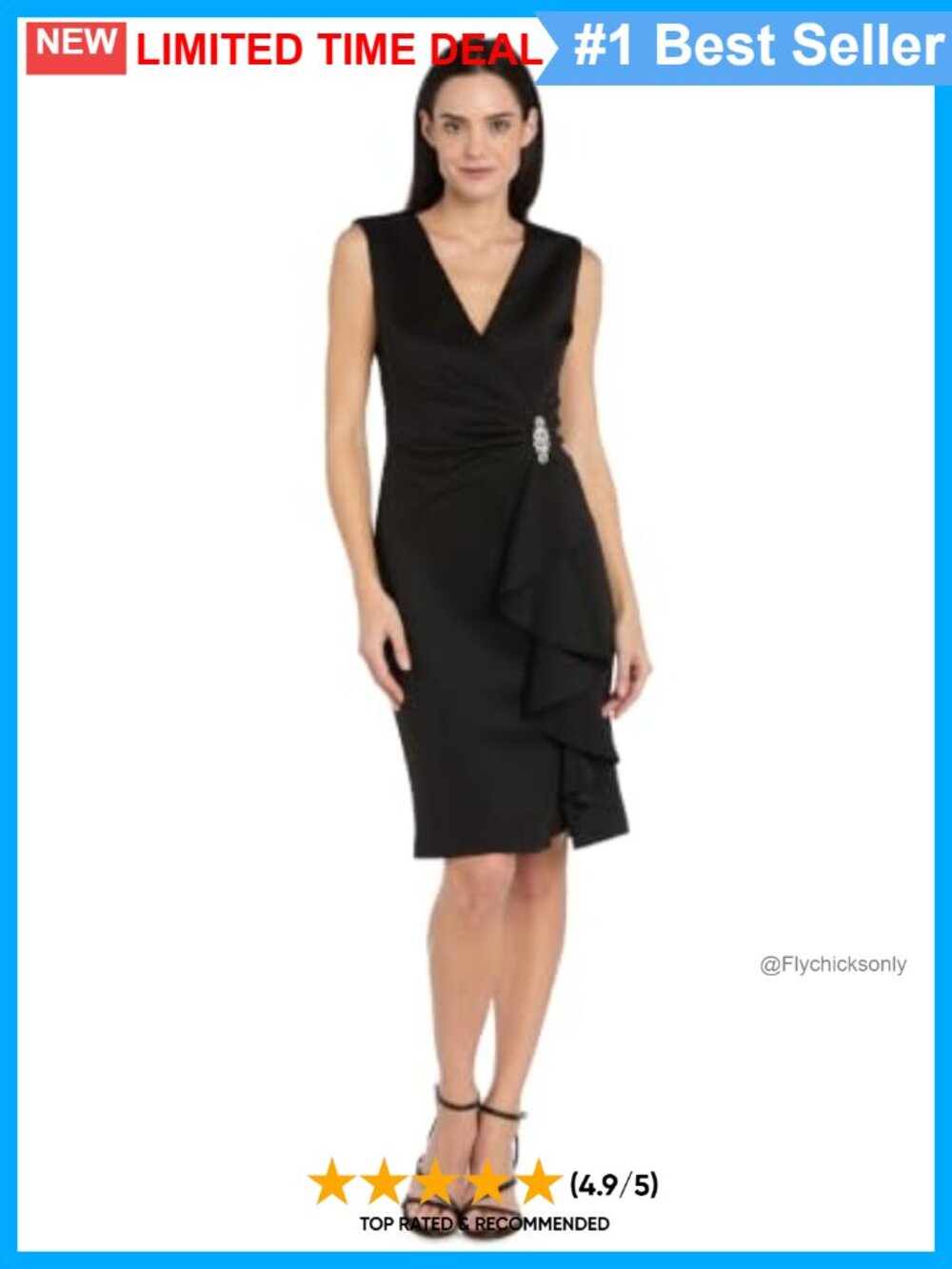 R&M Richards Sleeveless Scuba Stretch Sheath Dress Cascade Ruffle Brooch